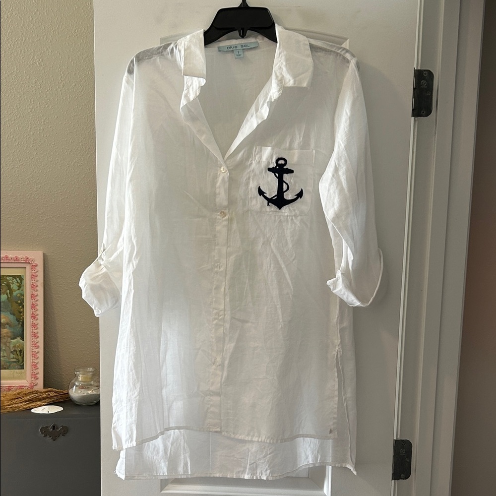 Blue Sol white long sleeve button down with embroidered anchor on pocket, size L